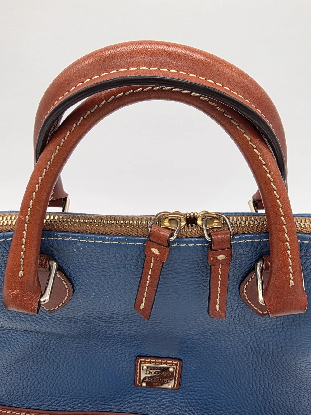 Dooney & Bourke Blue and Brown Leather Dome Satchel with Strap